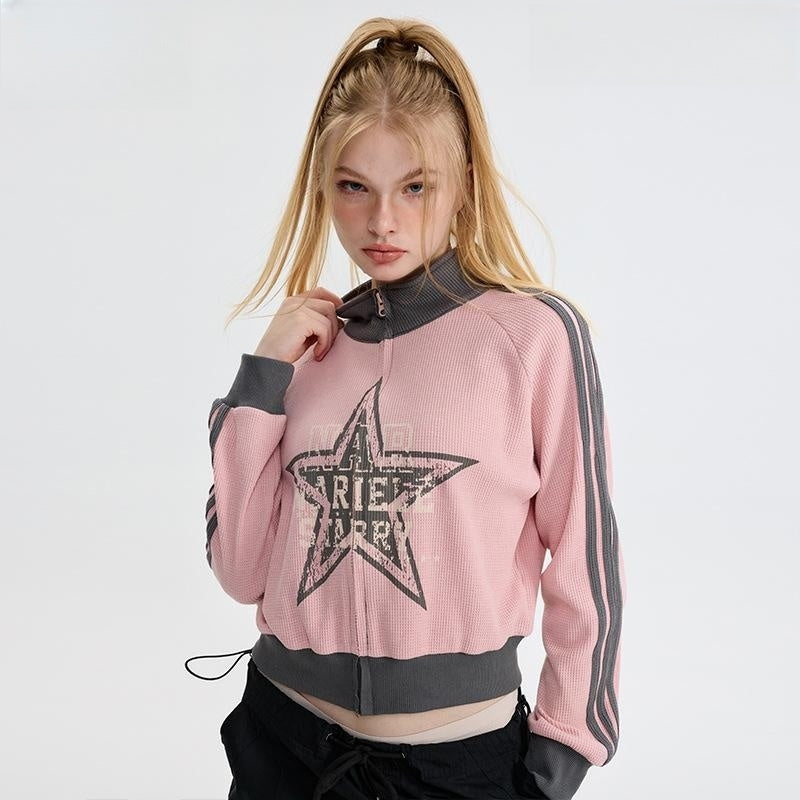Retro Pink Star Contrast-Trim Cardigan Sweater