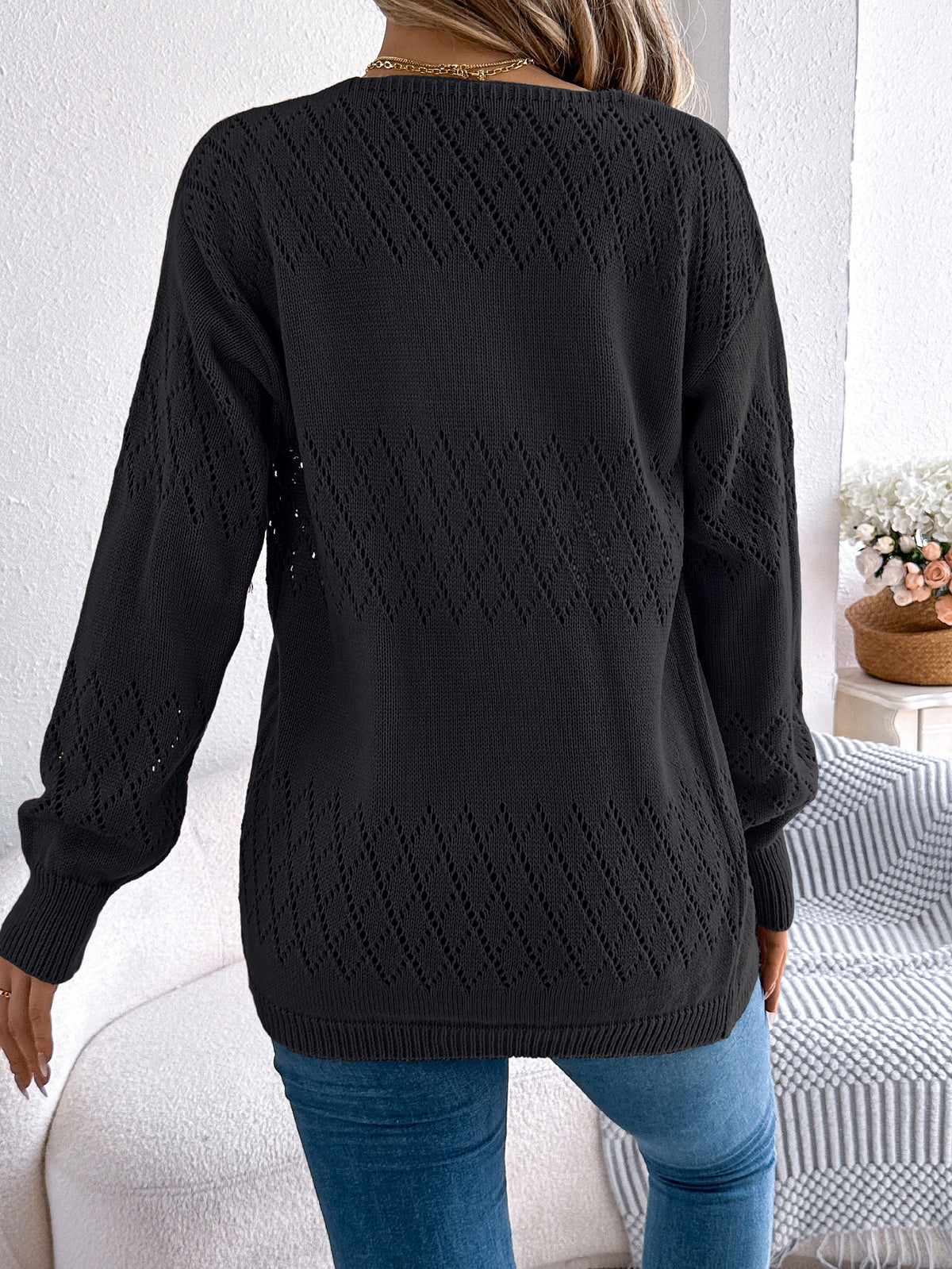 Women Casual Solid Color Hollow Out Lantern Sleeve Mid-length Cardigan Sweater