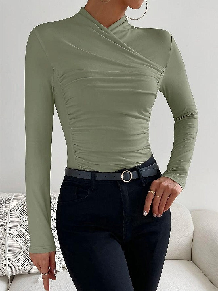 Cross Collar Pleated Slim Long Sleeve Top
