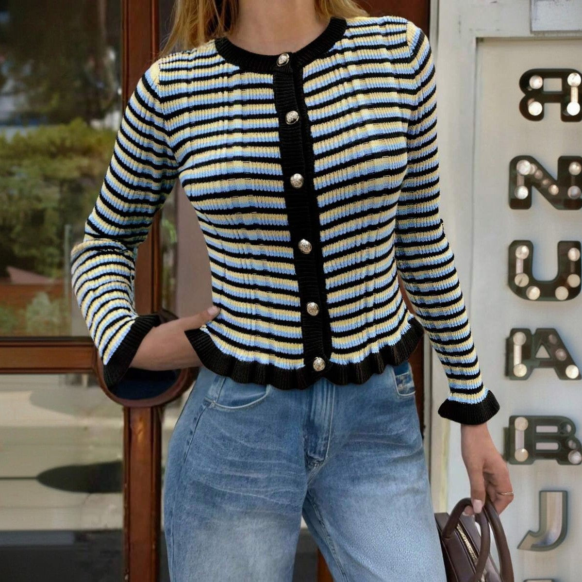 Womens Striped Long-sleeve Cardigan Sweater Top