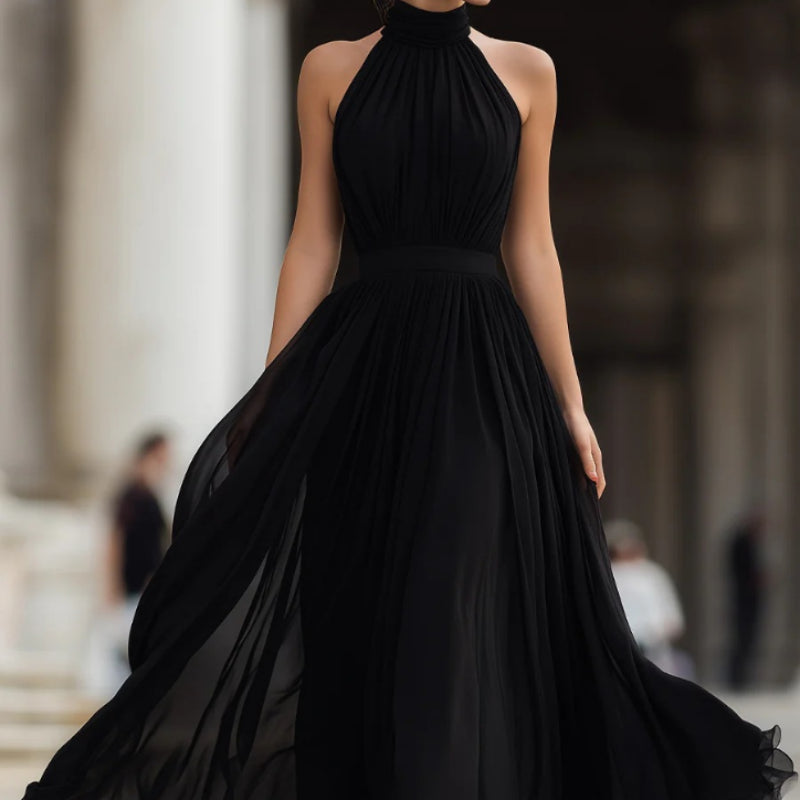 Womens High-neck Chiffon Sheath Dress with a Fitted Waist