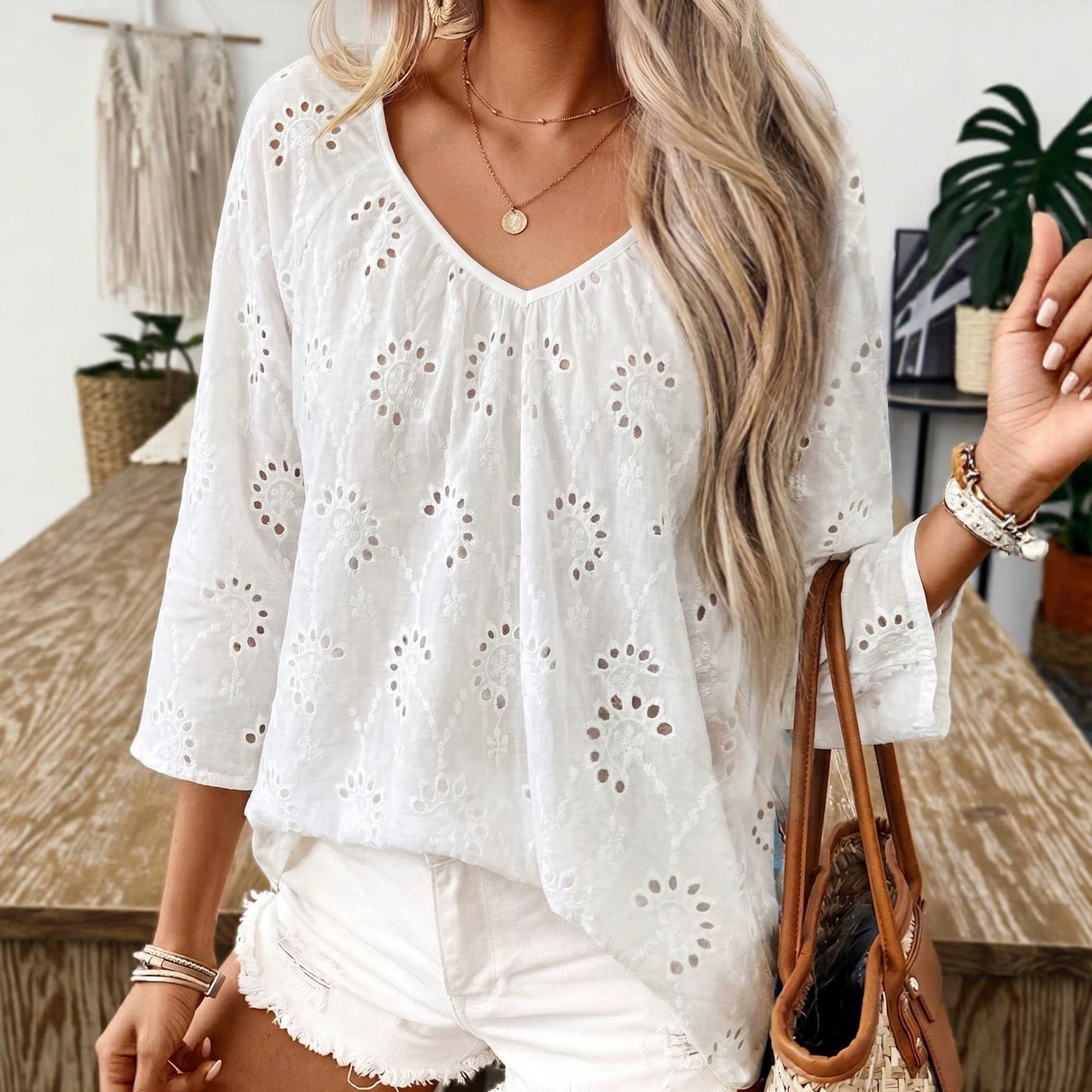 Elegant Hollow-Out Long Sleeve Shirt – Chic White Top