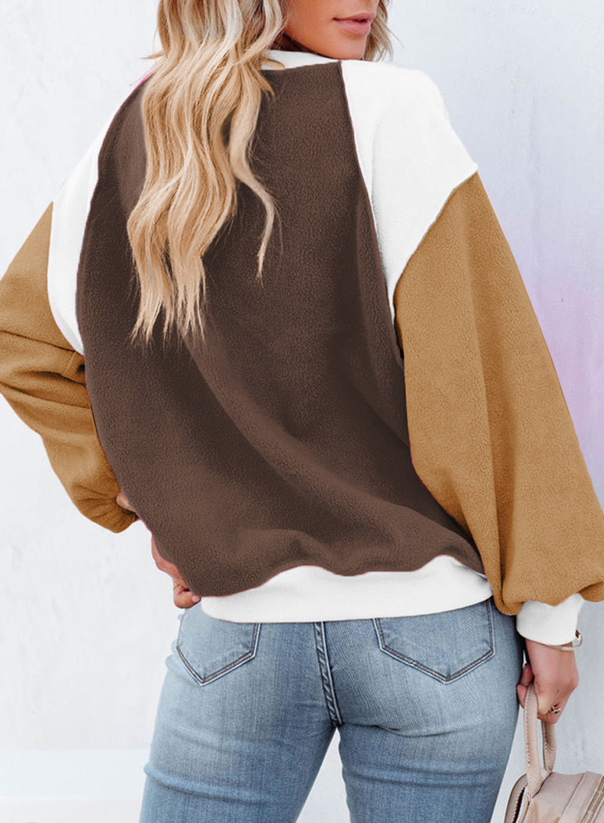 Cozy Colorblock Fleece Lantern Sleeve Pullover Top