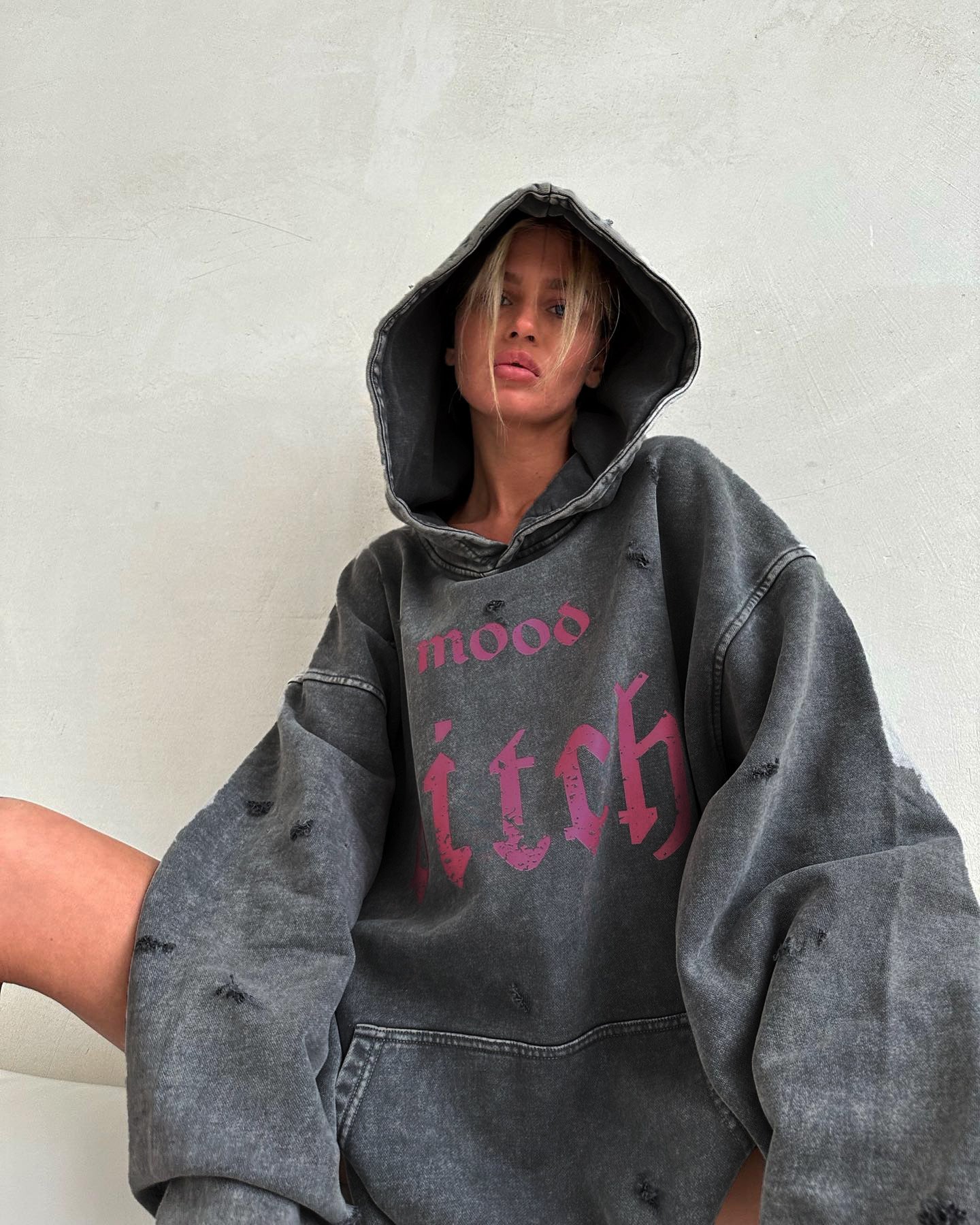 Washed Distressed Streetwear Hoodie for Women