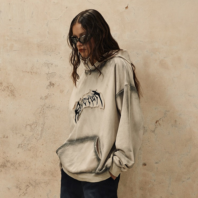 Embroidered Frayed Hem Loose Hoodie