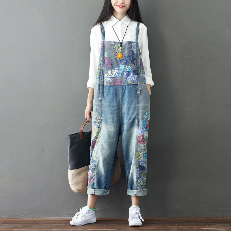 Plus Size Denim Overalls with Unique Print and Bib