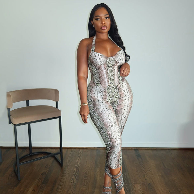 Women's Snake-Print Strappy Bodycon Jumpsuit