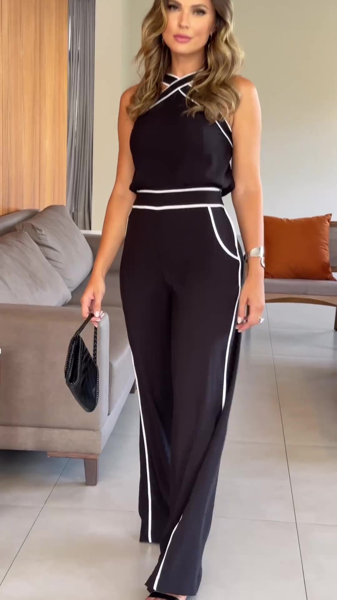 Women's Contrast Color Wide Leg Halter Jumpsuit