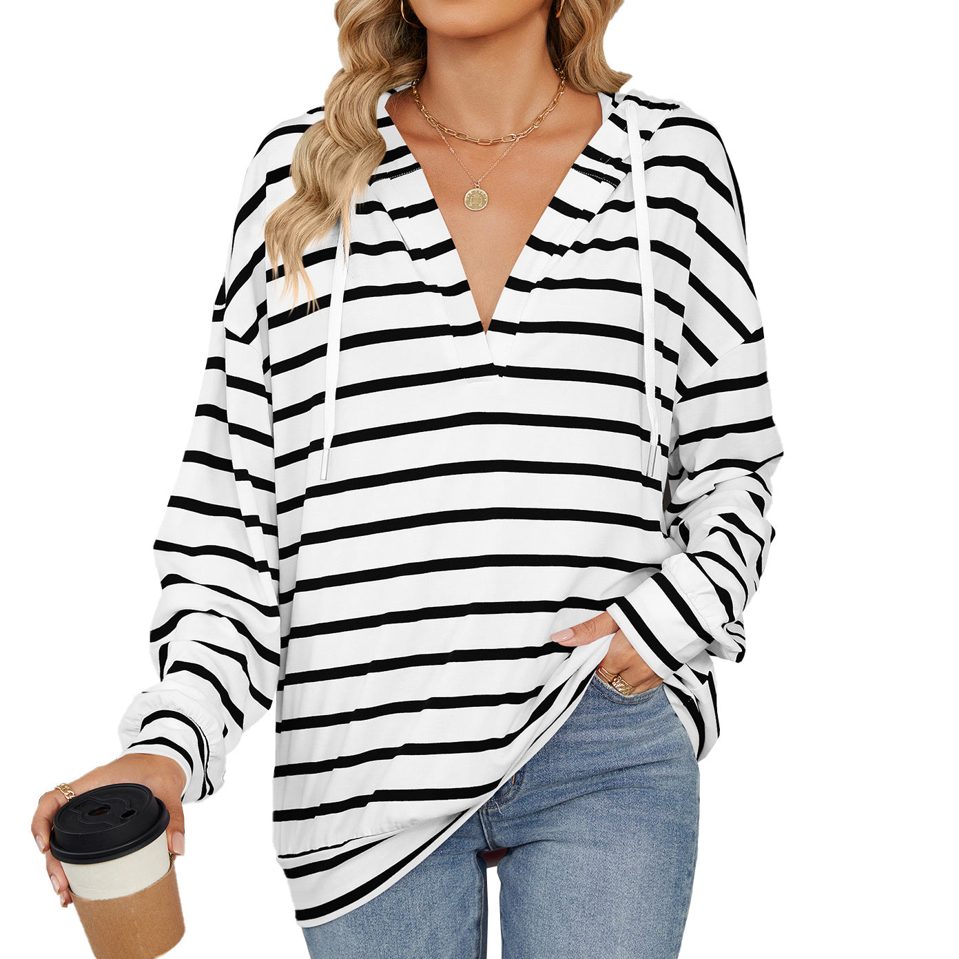 Women's Striped Drawstring Long Sleeve Hoodie Sweatshirt