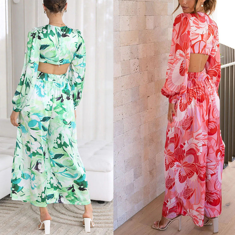 Women's Casual Backless Print Jumpsuit