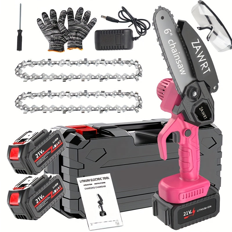Mini 6-inch Cordless Chainsaw with Splash Guard & Safety Lock, Includes 1-2 Batteries, Chains & Tool Case-Great for Gardening, Camping, Firewood, DIY, And A Perfect Gift for Parents.,  Firewood Pre...