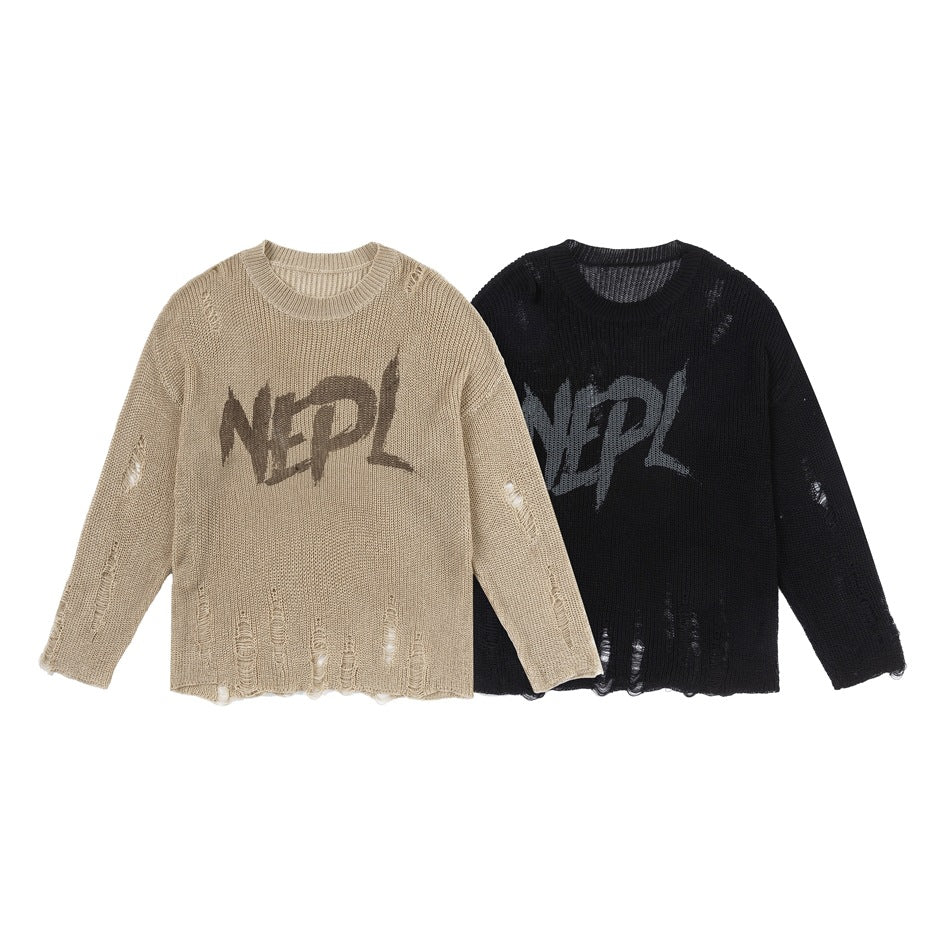 Retro Distressed Knit Top Casual Loose Long-Sleeve T-Shirt