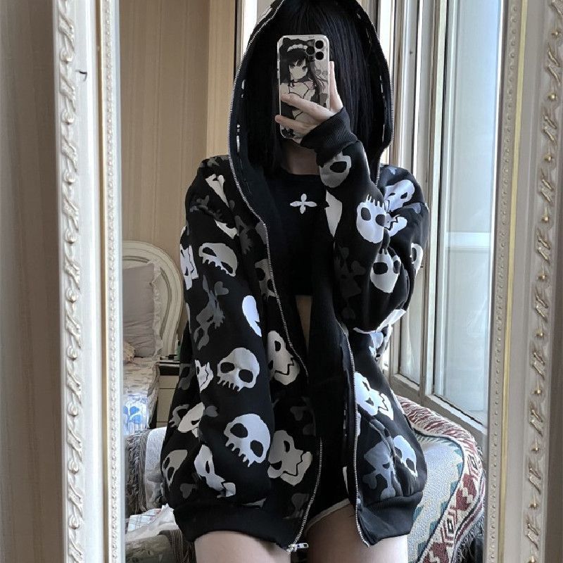 Oversize Skull Zip Hoodie | Edgy Dark Wind Cardigan
