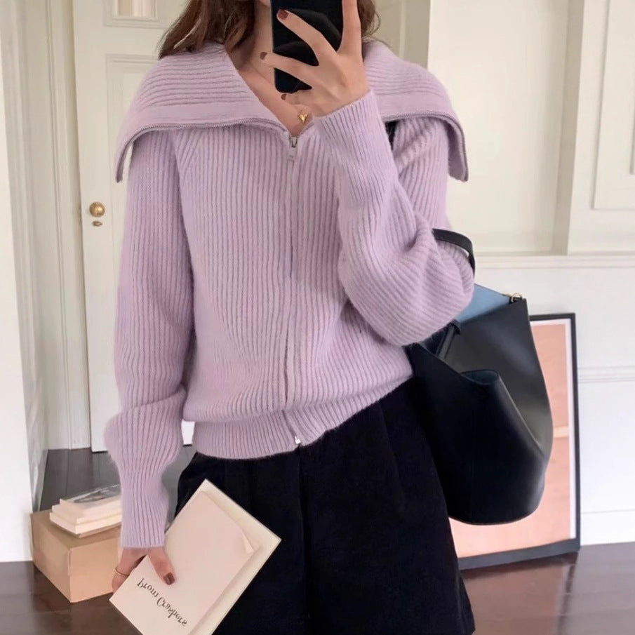 Autumn Winter Large Lapel Zippered Solid Color Womens Sweater
