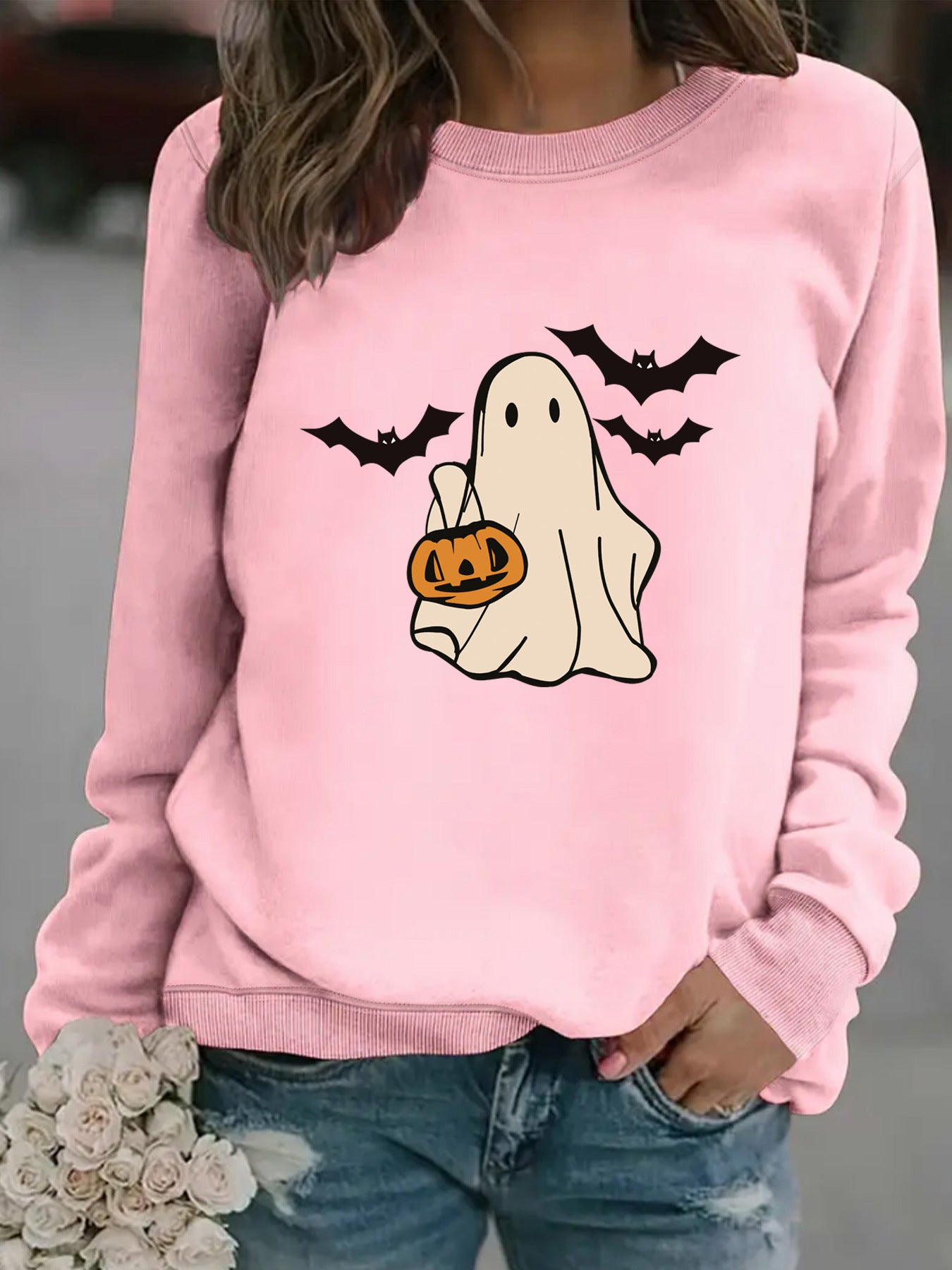 Spooky Cute Ghost Print Halloween Pullover Sweatshirt