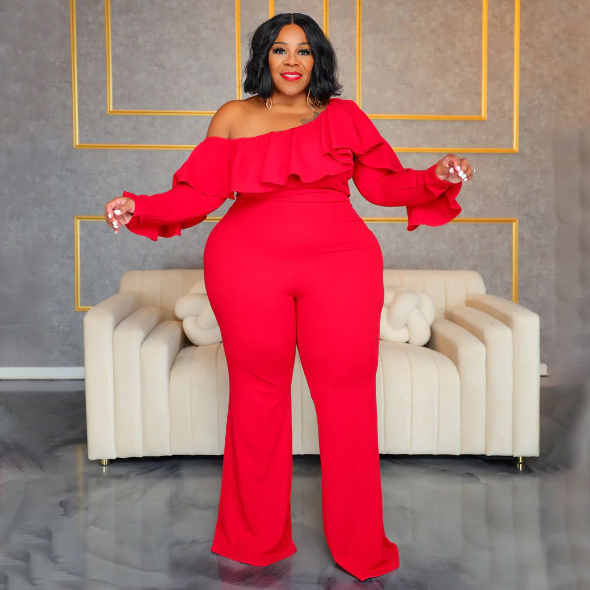Chic Off-Shoulder Plus-Size Loose Jumpsuit