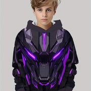 Boys' Glowing Mechanical Armor Long Sleeve Shirt – Robot-Inspired Back Print, Golden and Purple, Breathable Polyester‑Spandex Blend