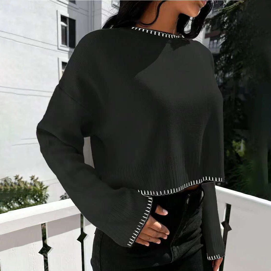 High-waisted Color-block Loose-fitting Cropped Pullover Knit Sweater