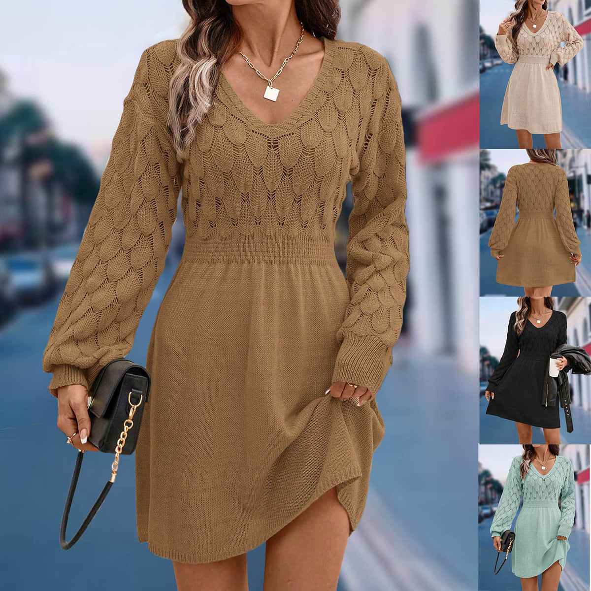 2025 Cross-border Women V Neck Maxi Beach Dress, 3d Scale Textured Crochet Knit Long Sleeve A-line Swim Cover Up Dress for Summer Vacation