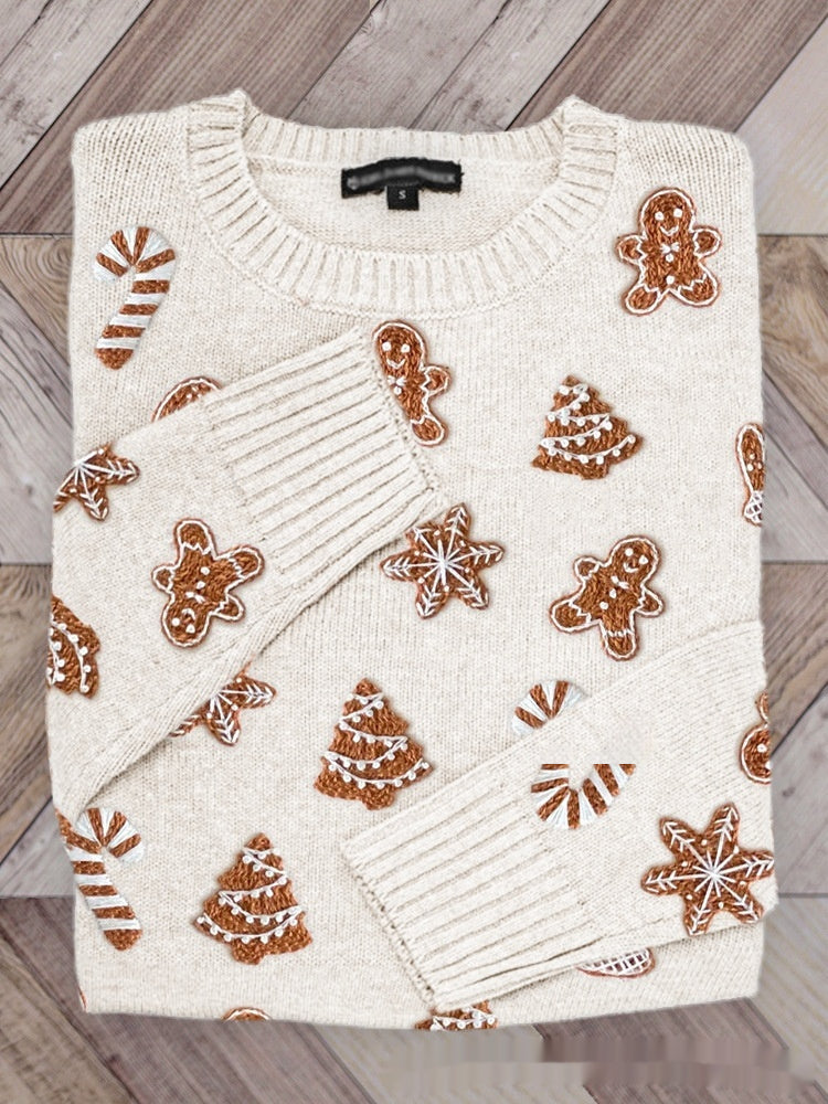 3d Digital-print Womens Crew-neck Loose Retro Jacquard Pullover Sweater