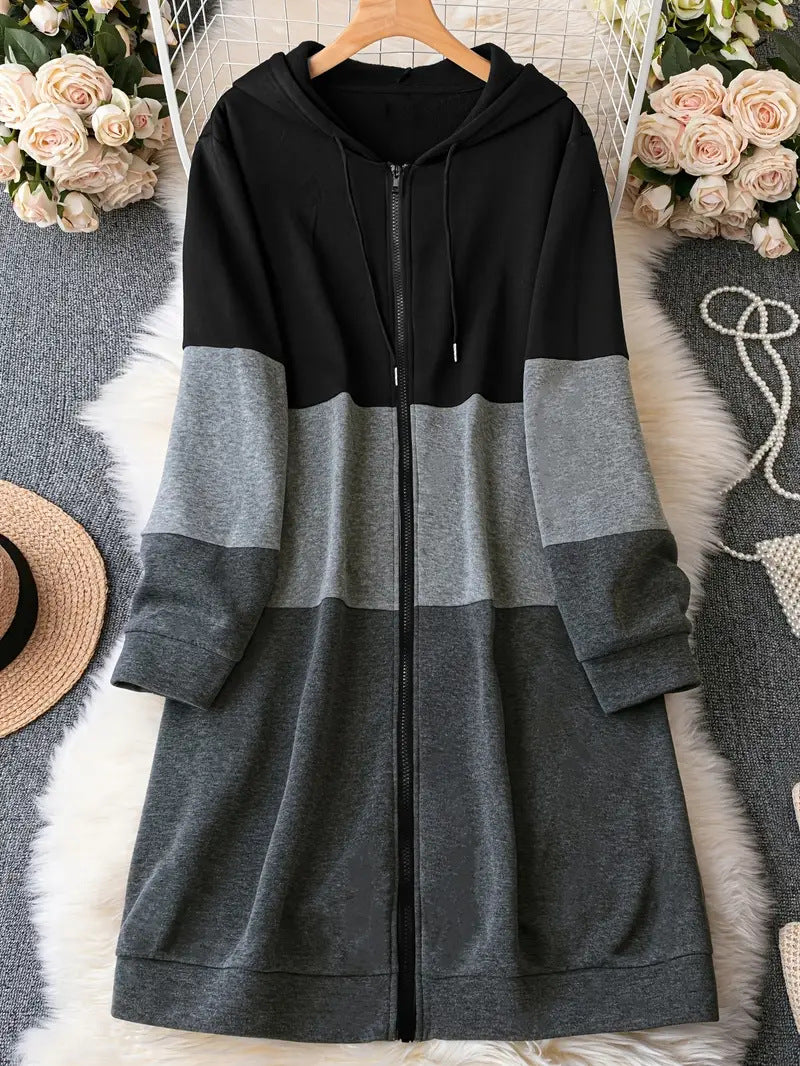 Color Block Patchwork Plus-Size Pocket Hoodie Coat