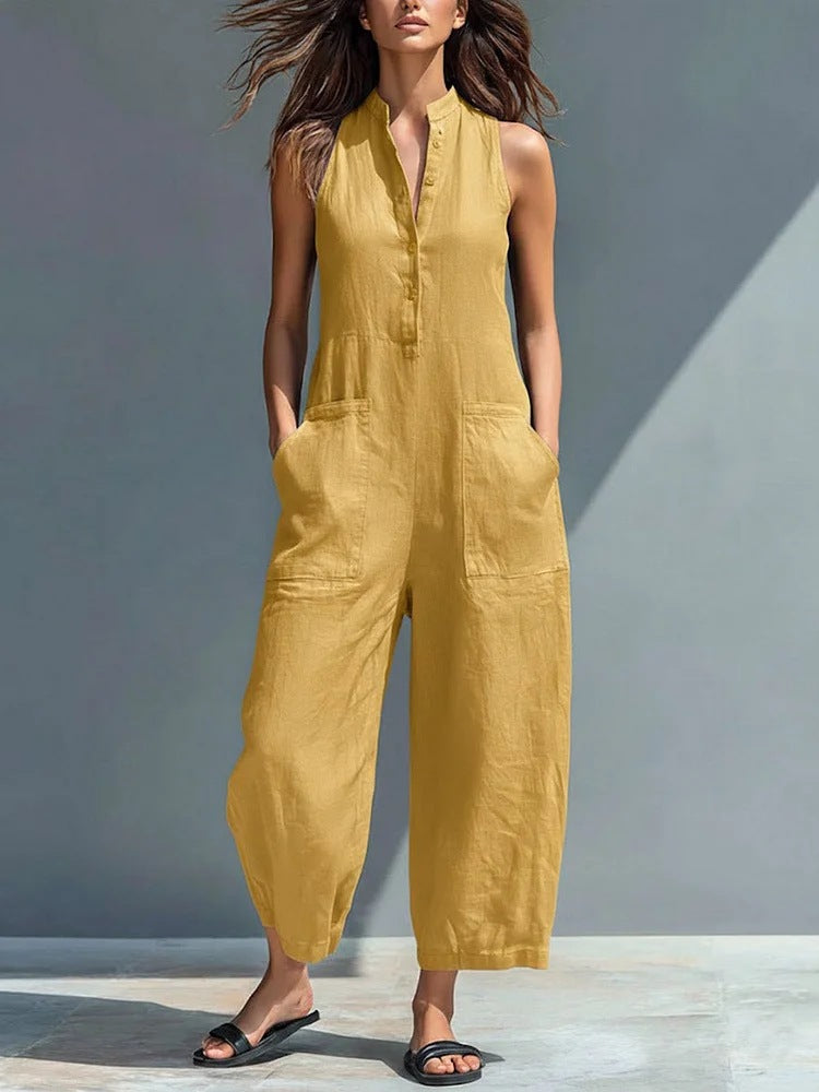 Casual Womens Sleeveless Stand Neck Pocket Jumpsuit