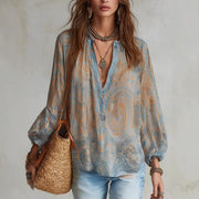 Retro V-Neck Long Sleeve Loose Top – Trendy Printed Tee