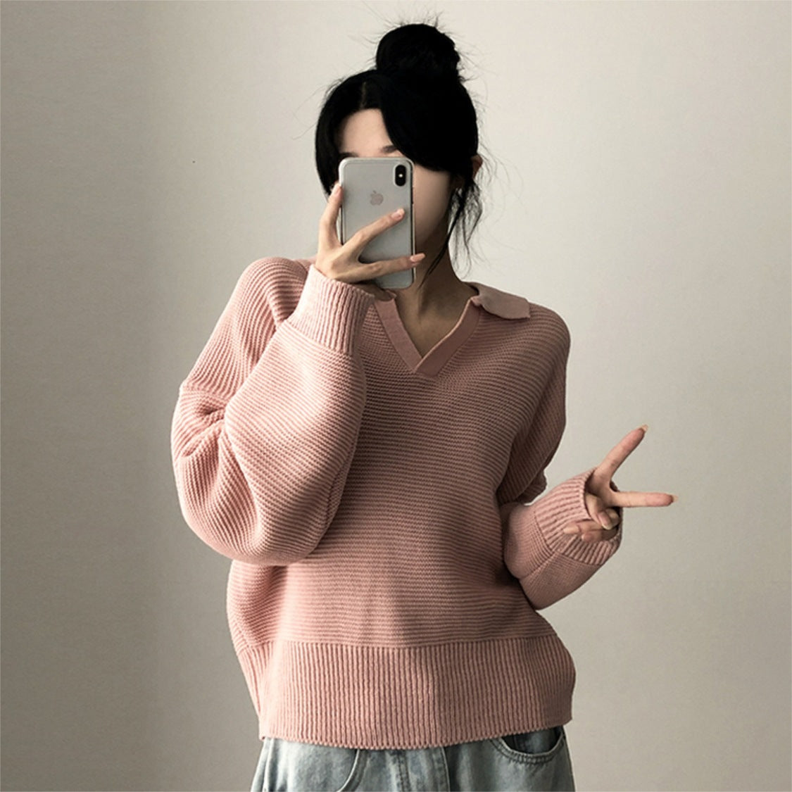 Winter Lapel Pullover Knitting Korean Style Sweater Thick Solid Color and V-neck Sweater