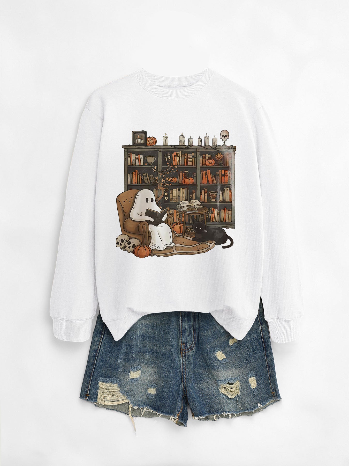 Cozy Black Cat Bookshelf Halloween Sweatshirt