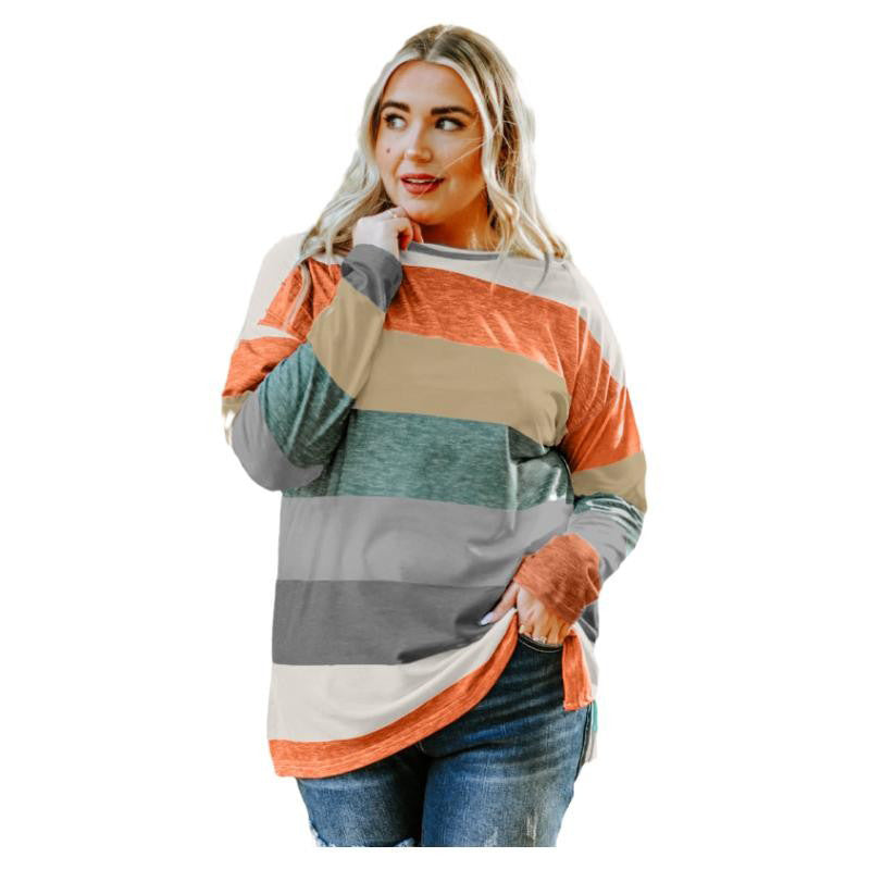 Plus Size Green Color Block Loose Long Sleeve Top