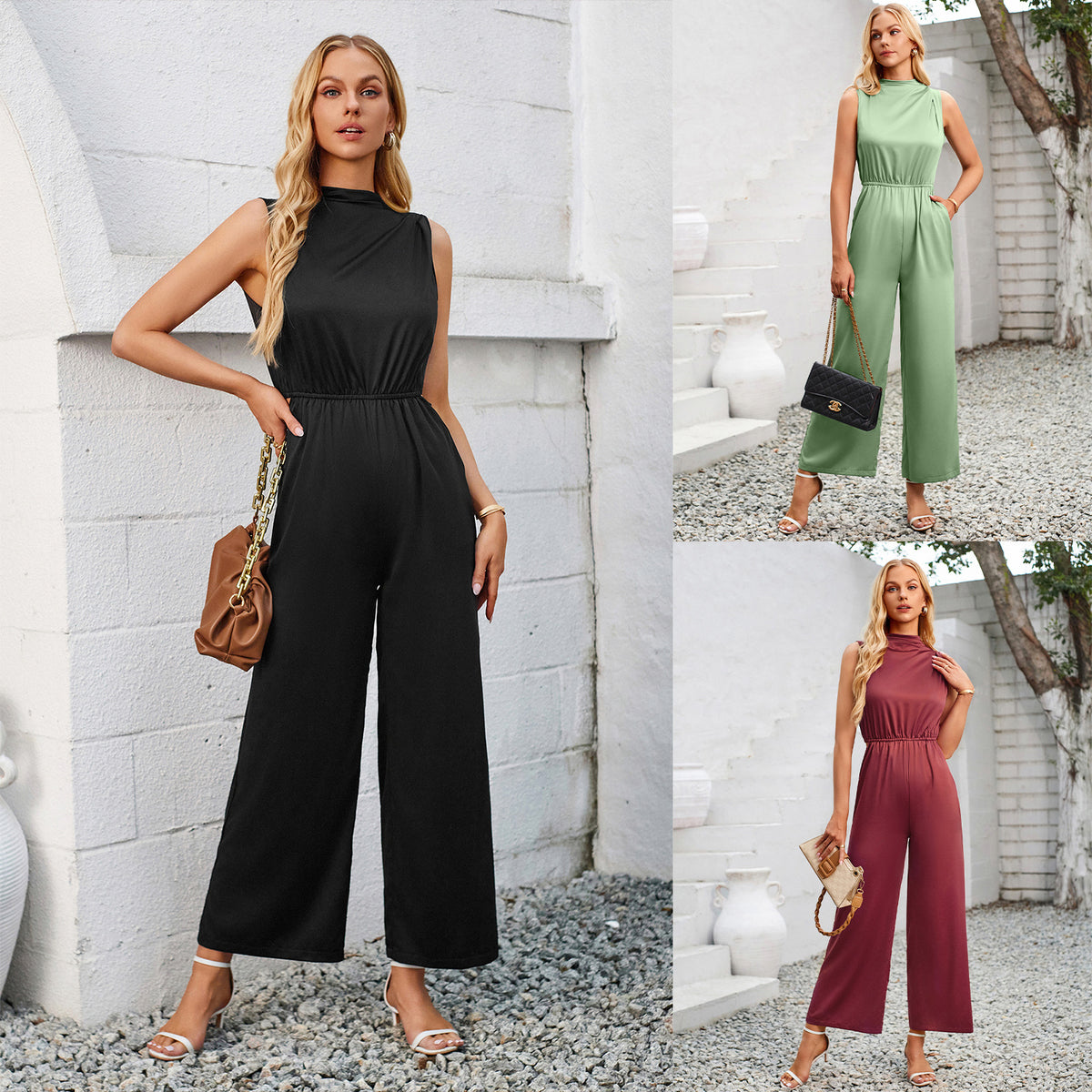 Women's Solid Color Hollow-Out Sleeveless Jumpsuit