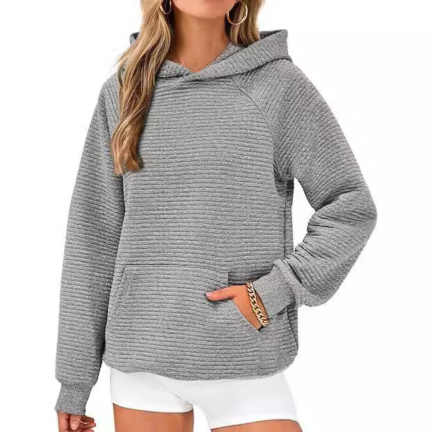 Women's Long Sleeve Hooded Plaid & Stripe Pullover Top
