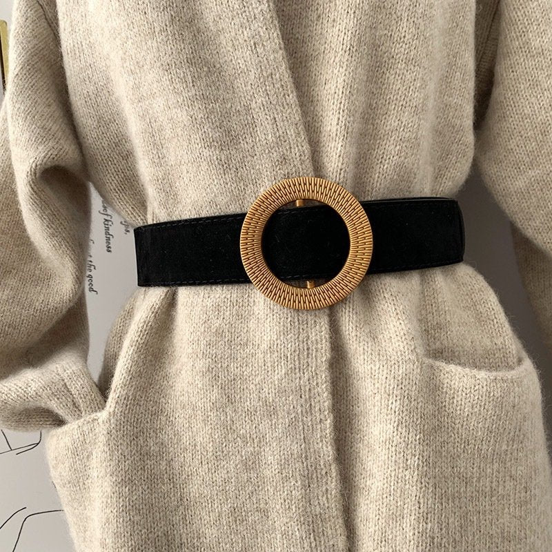 Classic Black Belt for Women - All-Match Round Buckle Girdle