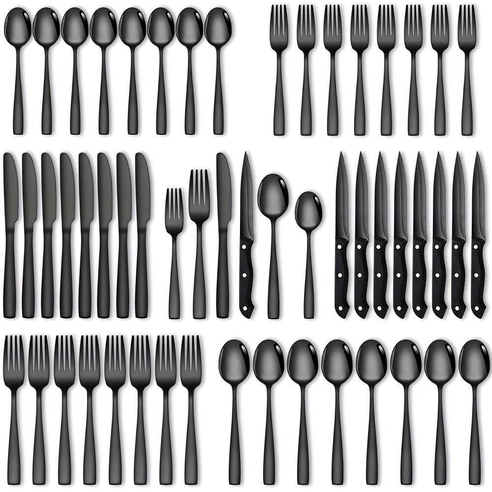 24/48PCS Black Stainless Steel Flatware Set, Mirror Polish Families Hotels Knives Forks Spoons Cutlery Set With Gift Box For 8 Persons, Durable, Mirror Polished, Dishwasher Safe, Perfect For...