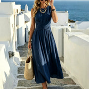 Womens Sleeveless Cross-neckline Waist-cinching Summer Dress