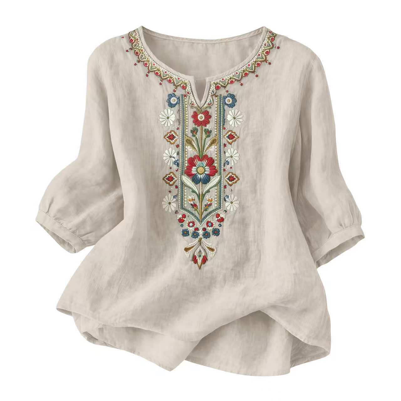 Women's Bohemian Embroidered Linen Cotton Blouse, V-Neck Sleeve Casual Summer Top