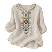 Women's Bohemian Embroidered Linen Cotton Blouse, V-Neck Sleeve Casual Summer Top