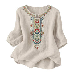 Women's Bohemian Embroidered Linen Cotton Blouse, V-Neck Sleeve Casual Summer Top