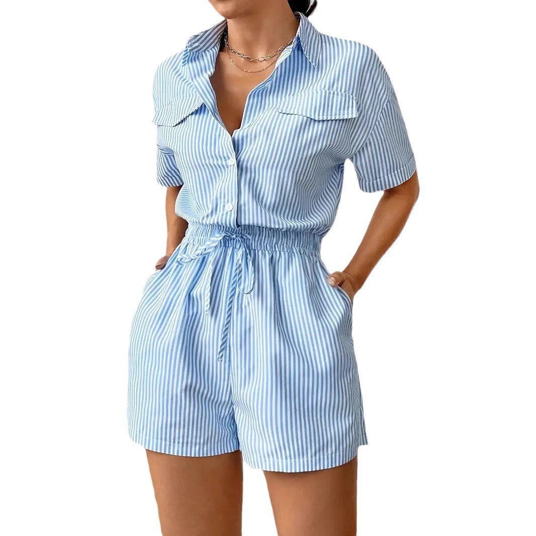 Striped Casual Short-Sleeve Belted Jumpsuit