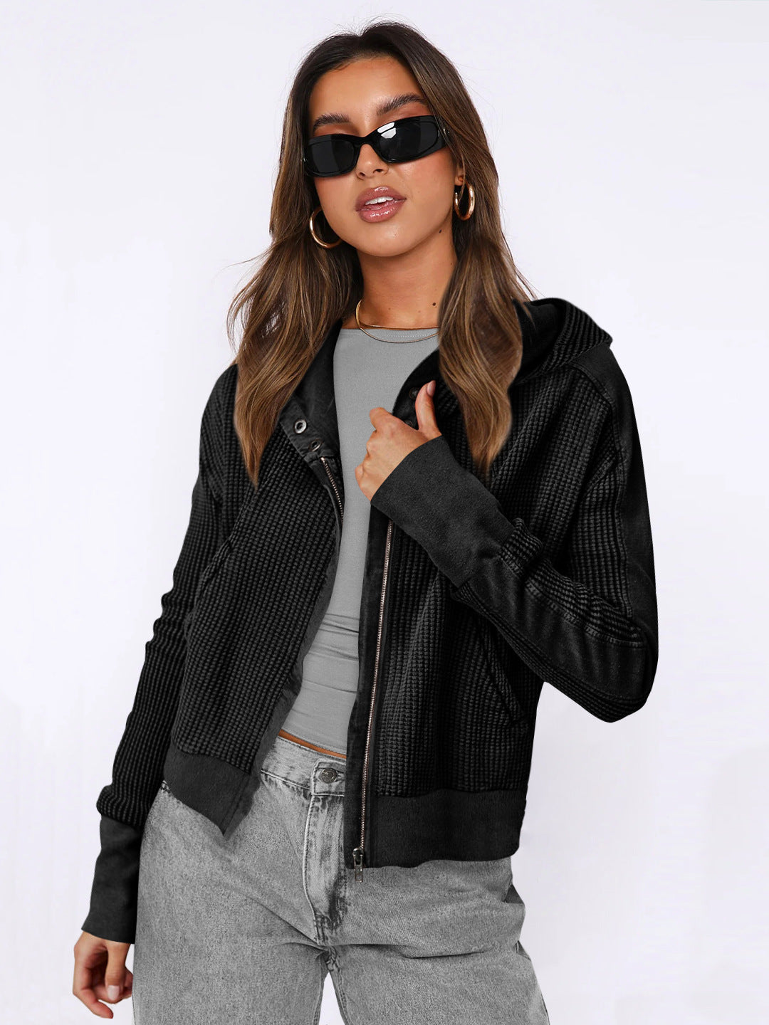 Casual Patchwork Zip-Up Long Sleeve Cardigan Sweater