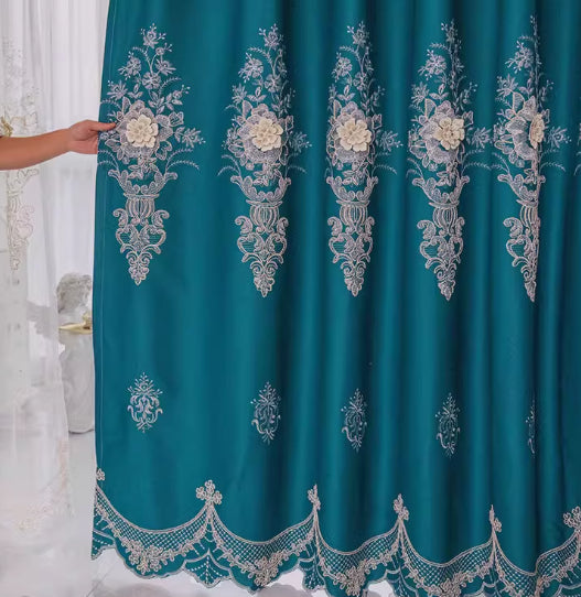 Embroidered Curtain with Relief Design Blackout and Thickened Floor-length Curtain