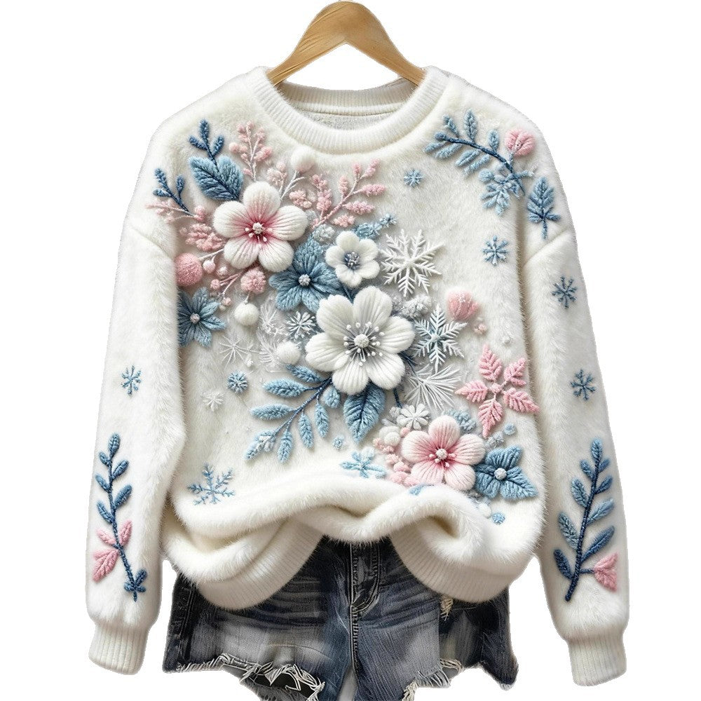 3d Digital Print Pattern Christmas Women's Round Neck Sweatshirt
