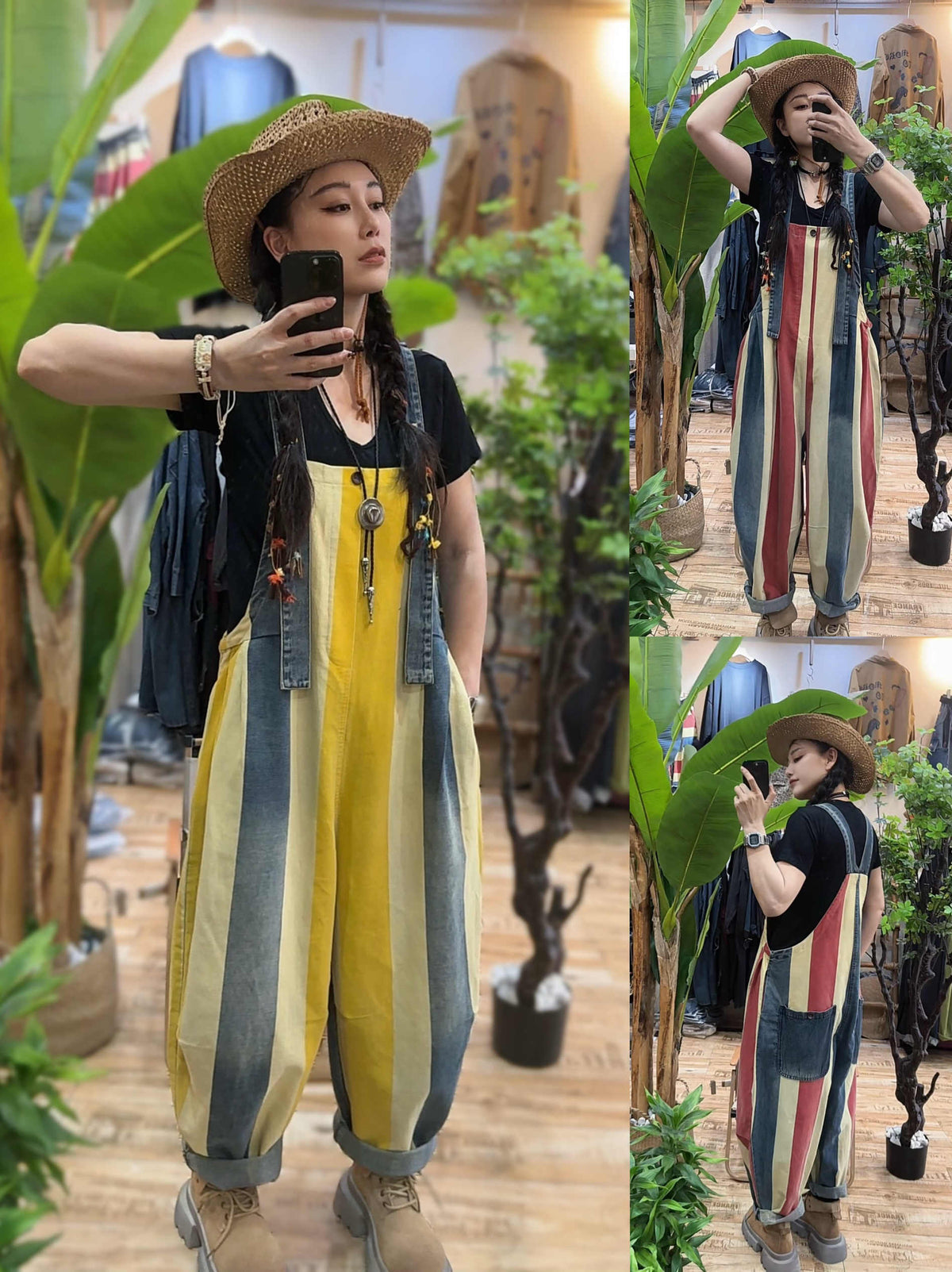 Vintage Stripe Suspender Pants Women's Loose Cotton Denim Jumpsuit