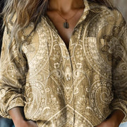 Women's Vintage Cashew Flower Print Casual Long Sleeve Comfortable Cotton Shirt