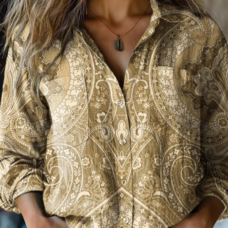 Women's Vintage Cashew Flower Print Casual Long Sleeve Comfortable Cotton Shirt