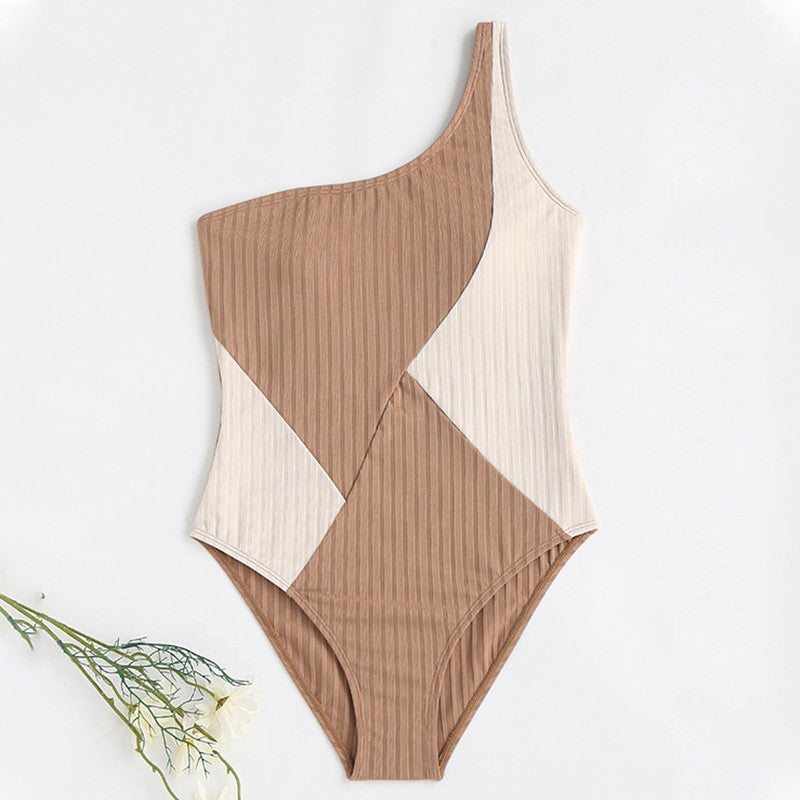 Girls Stylish One-Piece Shoulder Stitching Swimsuit