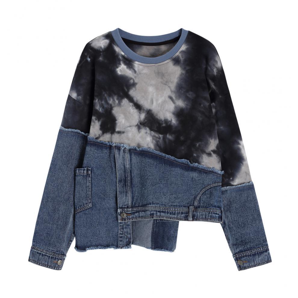 Tie-Dye Denim Stitching Loose Long-Sleeve Sweater