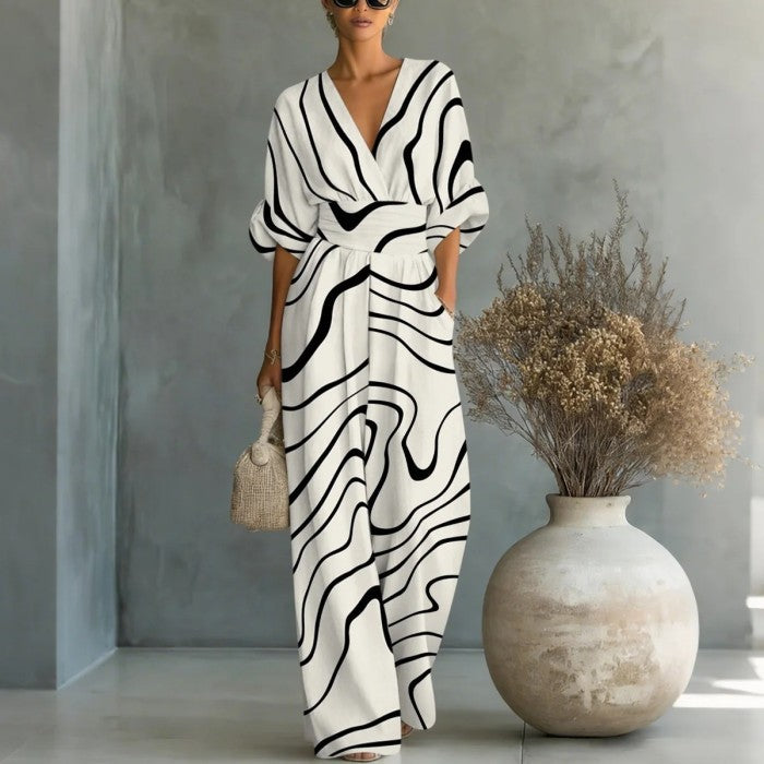 Printed V-Neck Waist-Cinched Wide-Leg Jumpsuit