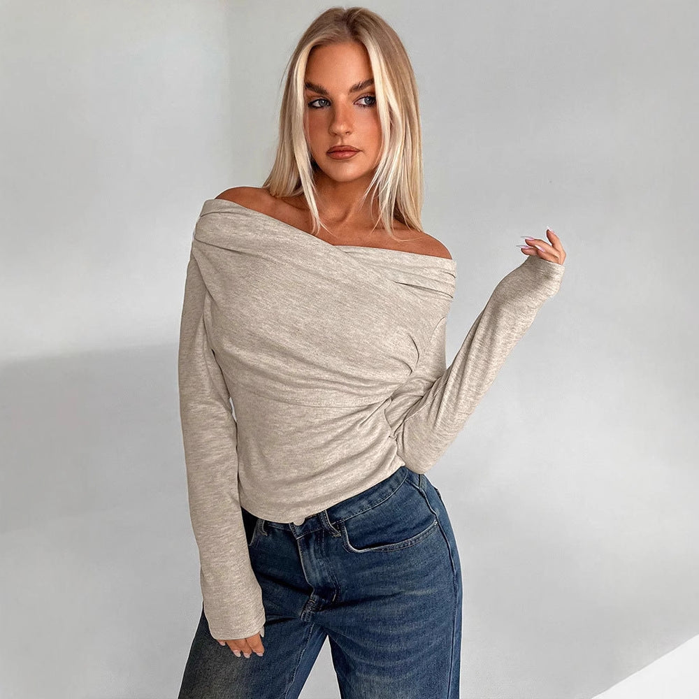 Fashionable and Sexy Off-shoulder Long-sleeve Solid-color Womens T-shirt