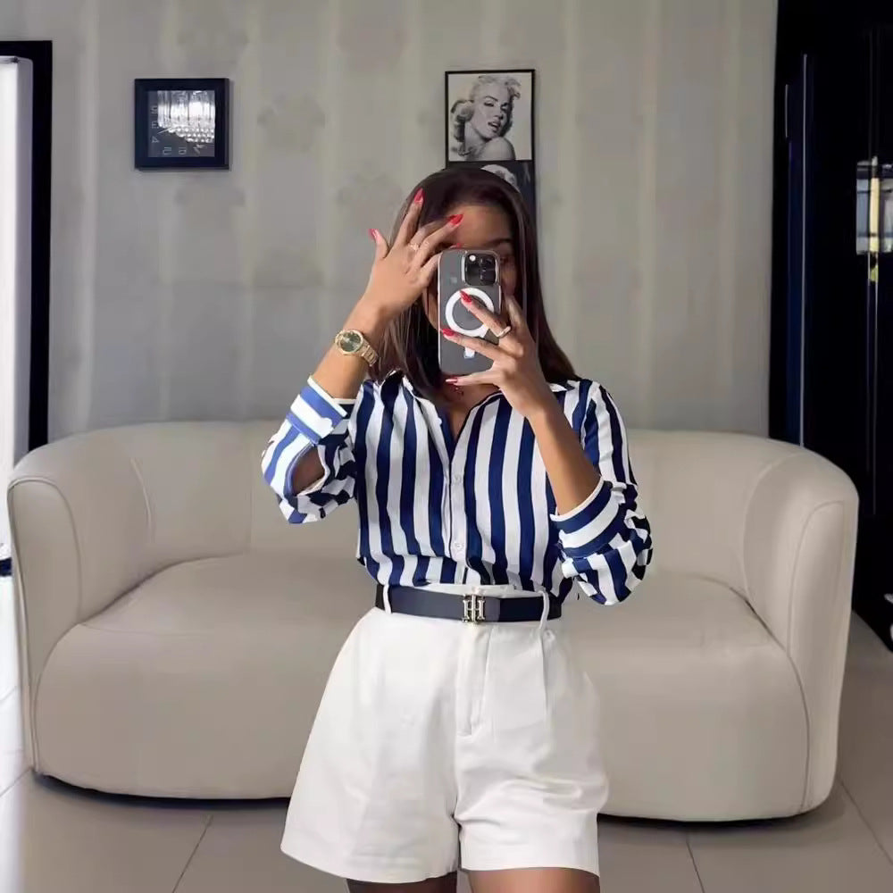 Fashionable And Versatile Blue Striped Shirt